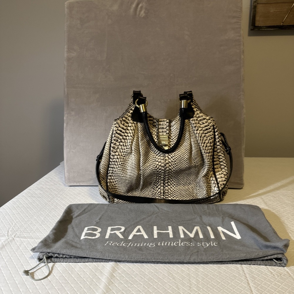 Brahmin Large Elisa Hobo Bag Black/White Snake Embossed Leather Shoulder Purse
